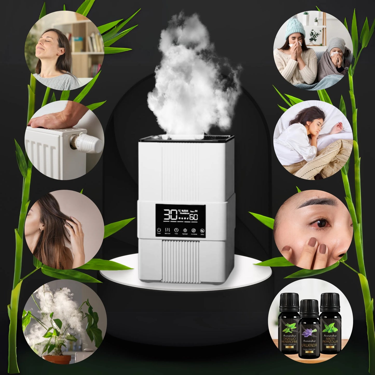 Ultragarsinis difuzorius Aromaholik VARMA su higrostatu, laikmačiu, termometru ir ugnies efektu
