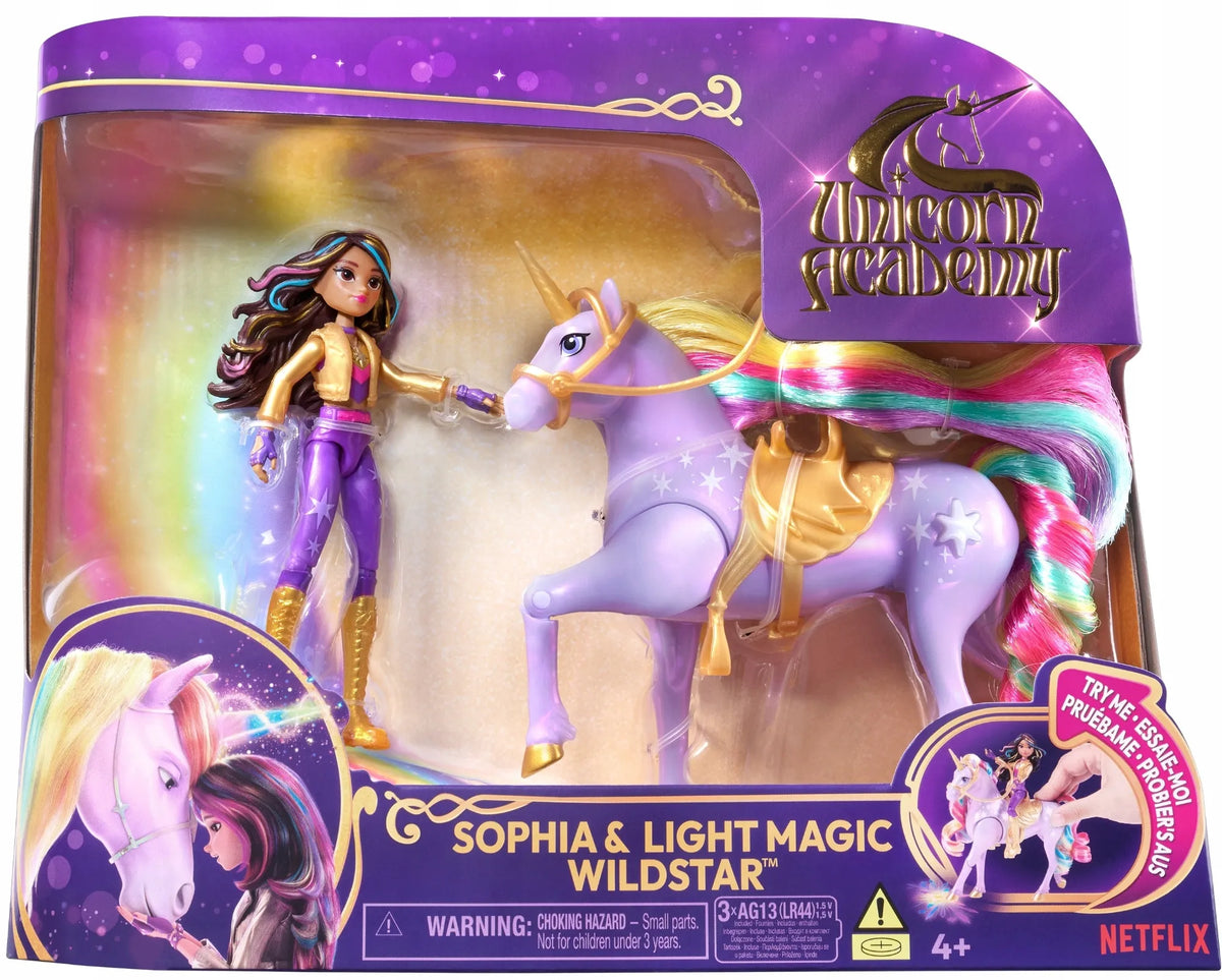 „Unicorn Academy“ rinkinys: lėlė Sophia ir šviečiantis vienaragis Wildstar