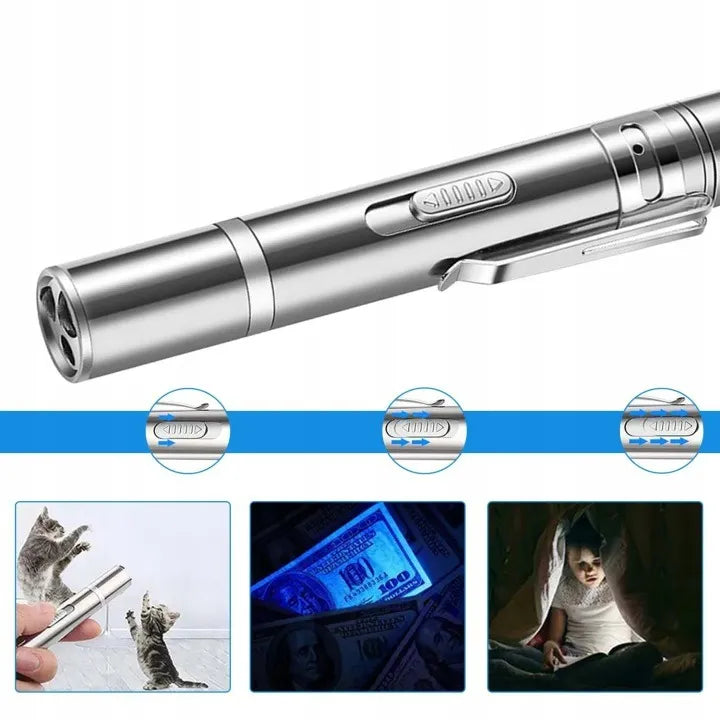 USB įkraunamas 3 viename lazerinis žaislas katėms su UV ir žibintuvėlio režimais