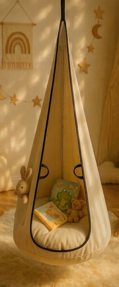 Vaikiška kabančio fotelio sūpynės KOKON VELVET, pakabinama kėdė, BEŽINĖ XXL