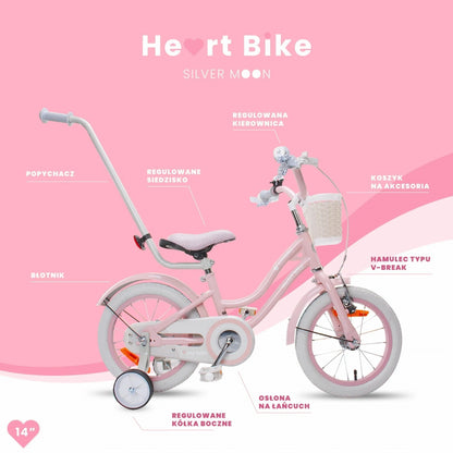 Vaikiškas 14 colių dviratis mergaitėms su stūmikliu, pagalbiniais ratukais, krepšeliu ir skambučiu Sun Baby Silver Moon