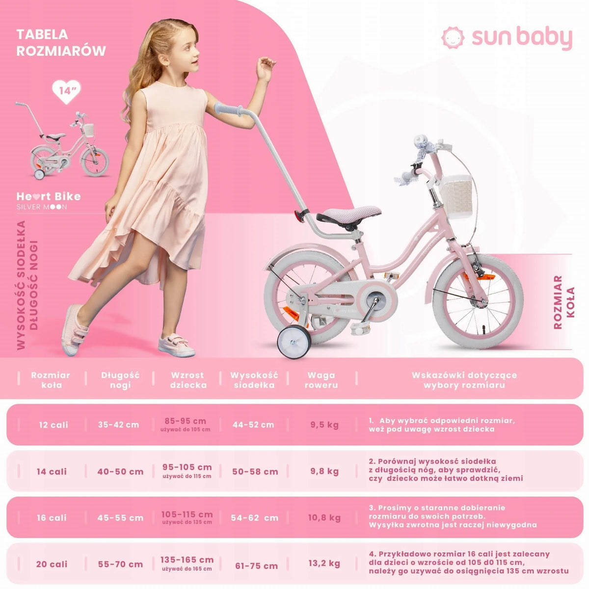 Vaikiškas 14 colių dviratis mergaitėms su stūmikliu, pagalbiniais ratukais, krepšeliu ir skambučiu Sun Baby Silver Moon