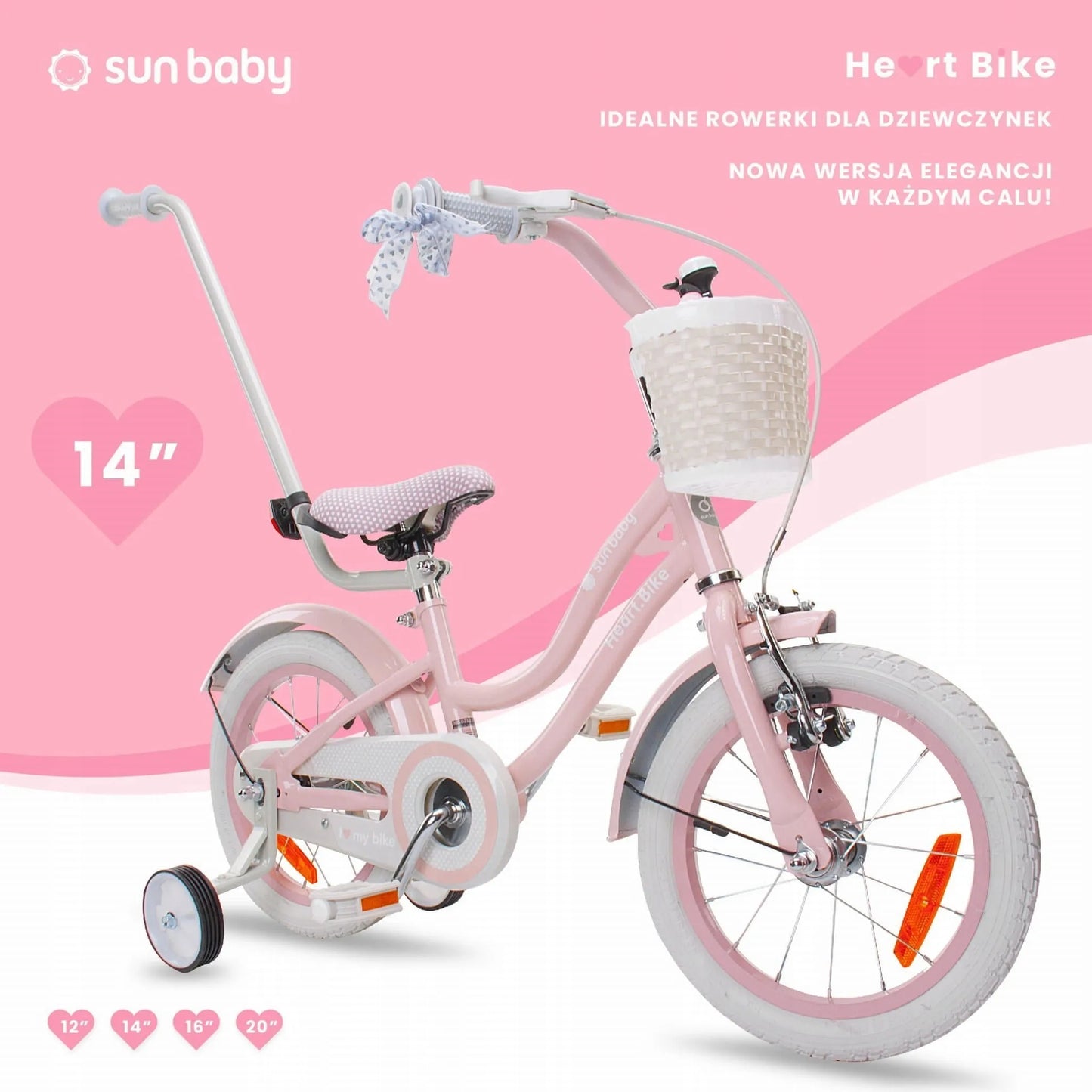 Vaikiškas 14 colių dviratis mergaitėms su stūmikliu, pagalbiniais ratukais, krepšeliu ir skambučiu Sun Baby Silver Moon