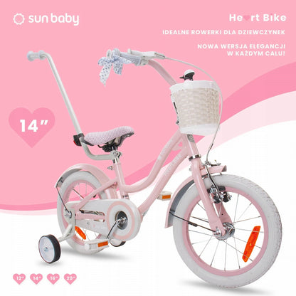 Vaikiškas 14 colių dviratis mergaitėms su stūmikliu, pagalbiniais ratukais, krepšeliu ir skambučiu Sun Baby Silver Moon