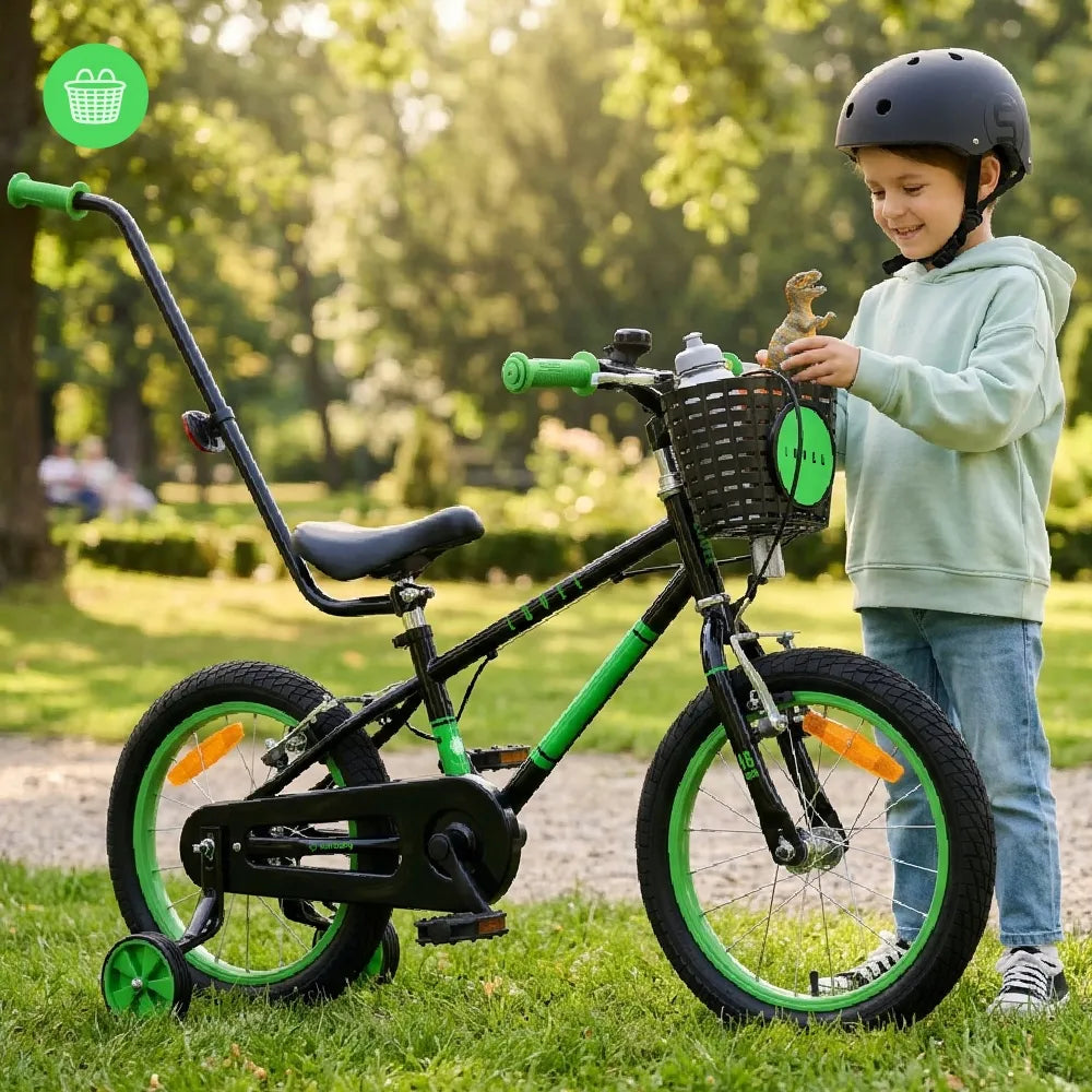 Vaikiškas dviratis 16 colių berniukams 4 5 6 metų su vairavimo rankena ir pagalbiniais ratukais, 8 kg