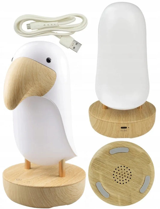 Vaikiškas LED naktinis šviestuvas TUKAN, baltas, šilta šviesa + „Bluetooth“ garsiakalbis