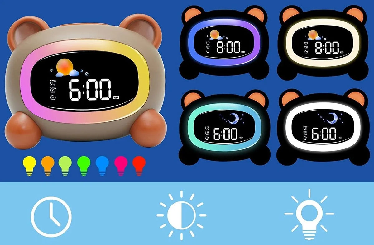 Vaikiškas LED RGB Laikrodis su Žadintuvu ir Lempa – Meškutis