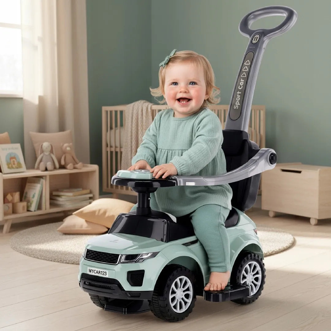 Vaikiškas paspirtukas Sport Car SUN BABY su daiktadėže, pakoju, apsauginiu lankeliu ir garso efektais