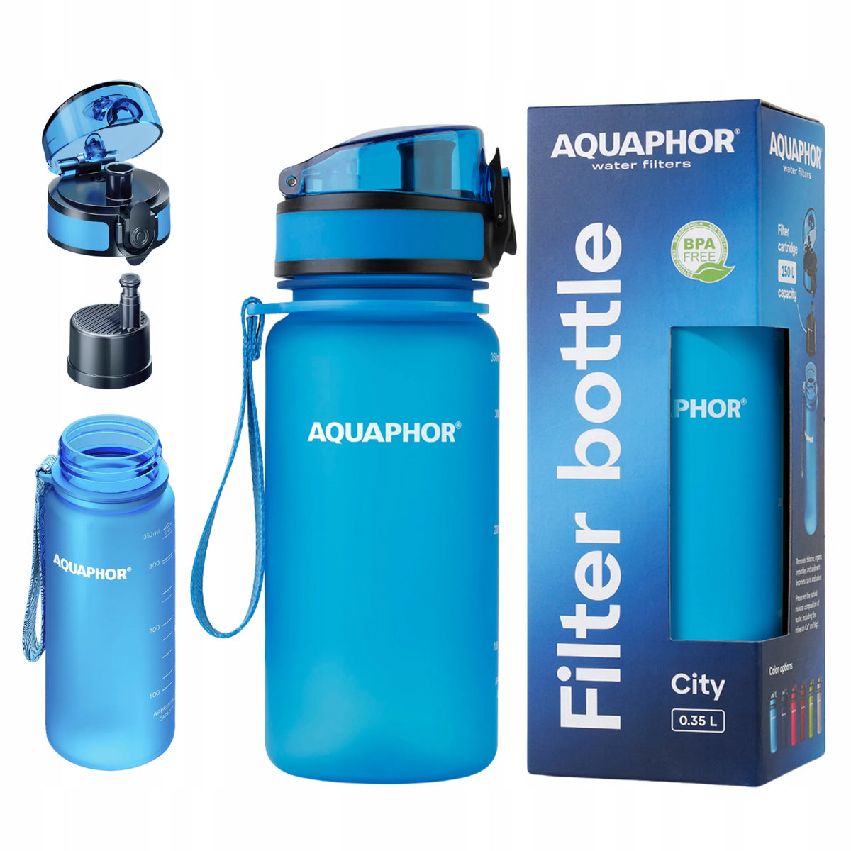 Vandens filtravimo buteliukas AQUAPHOR City 350 ml, mėlynas, gertuvė sporto salei