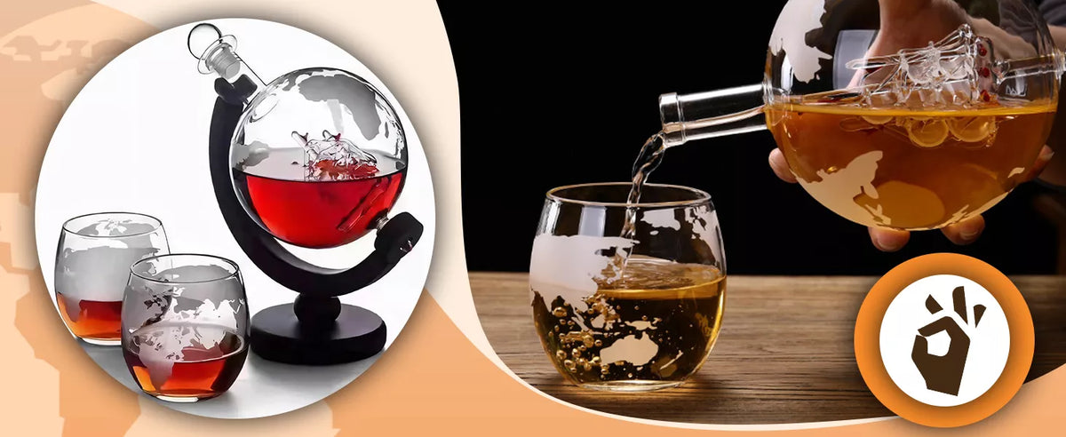 Viskio rinkinys gaublio formos grafinas su 2 stiklinėmis, akmenukais ir žnyplėmis 850 ml dovanų rinkinys