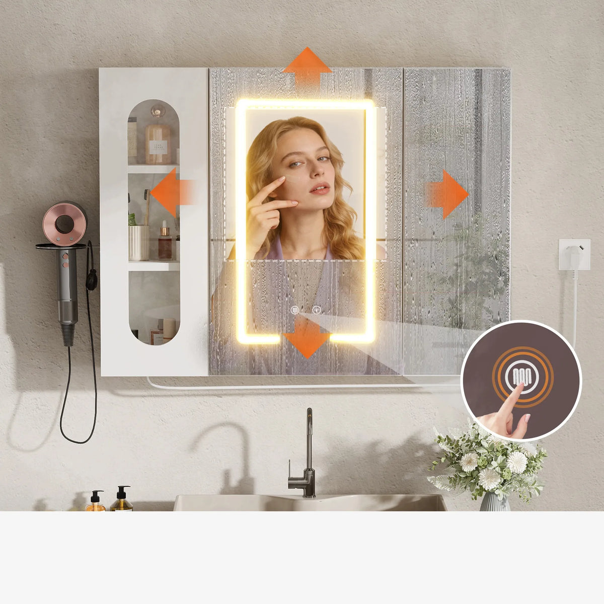Vonios kambario spintelė su LED veidrodžiu 80x16x60 cm ANTI-FOG su lizdais