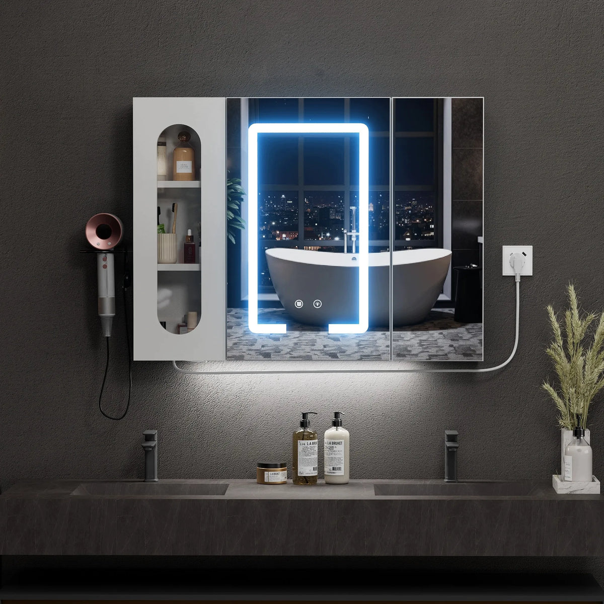 Vonios kambario spintelė su LED veidrodžiu 80x16x60 cm ANTI-FOG su lizdais
