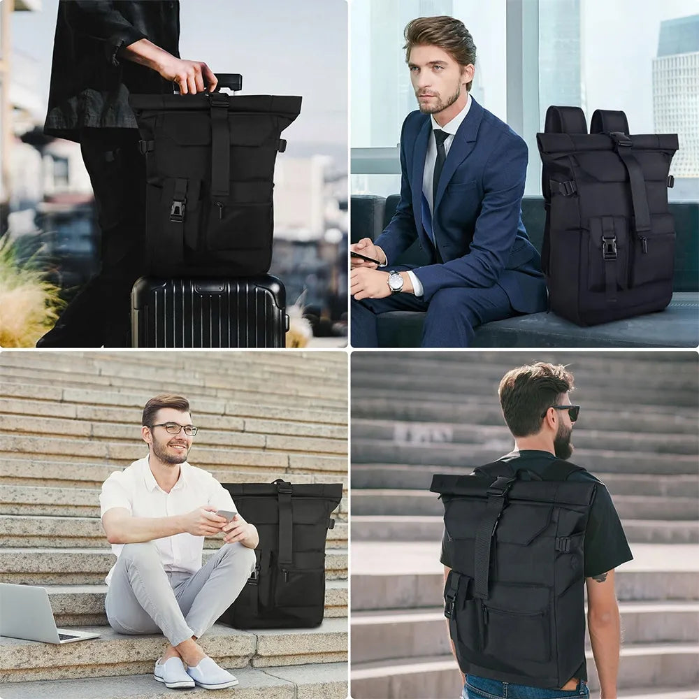 Vyriška kuprinė darbui, mokyklai, kelionėms, skirta nešiojamajam kompiuteriui, talpi, „rolltop“ stiliaus, juoda
