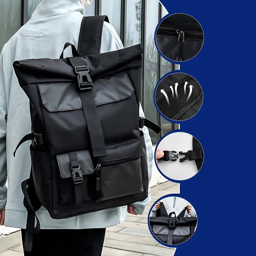 Vyriška kuprinė darbui, mokyklai, kelionėms, skirta nešiojamajam kompiuteriui, talpi, „rolltop“ stiliaus, juoda