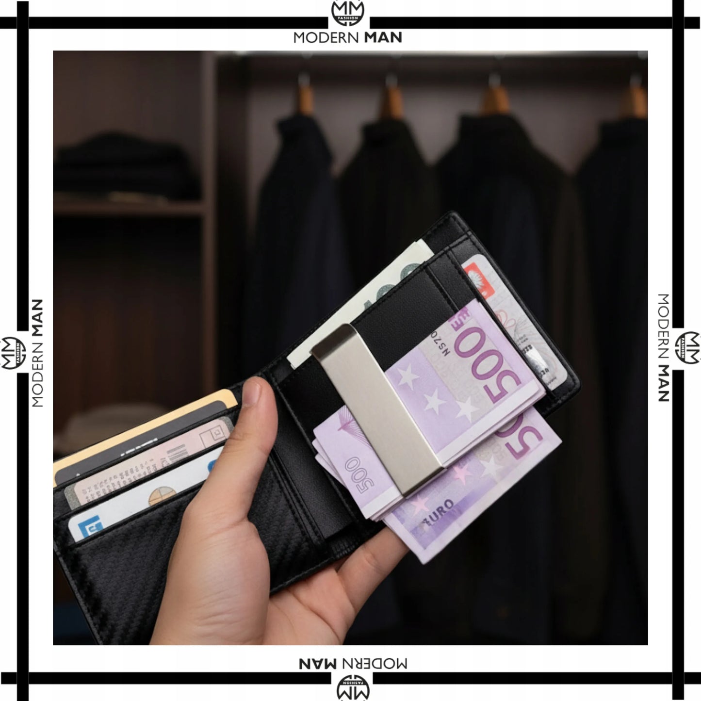 Vyriška odinė piniginė su RFID apsauga, maža, verslo stiliaus, juodo anglies pluošto rašto, puiki dovana