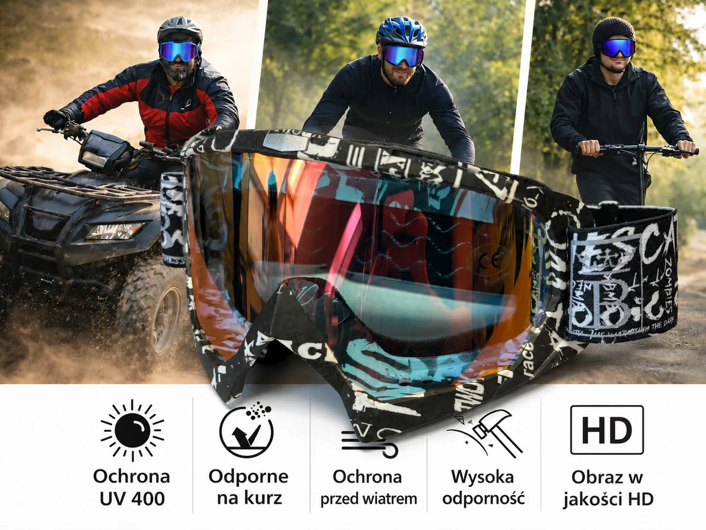 Vyriški ir moteriški goggle akiniai motoroleriui, keturračiui, paspirtukui, slidinėjimui ir snieglenčių sportui UV400