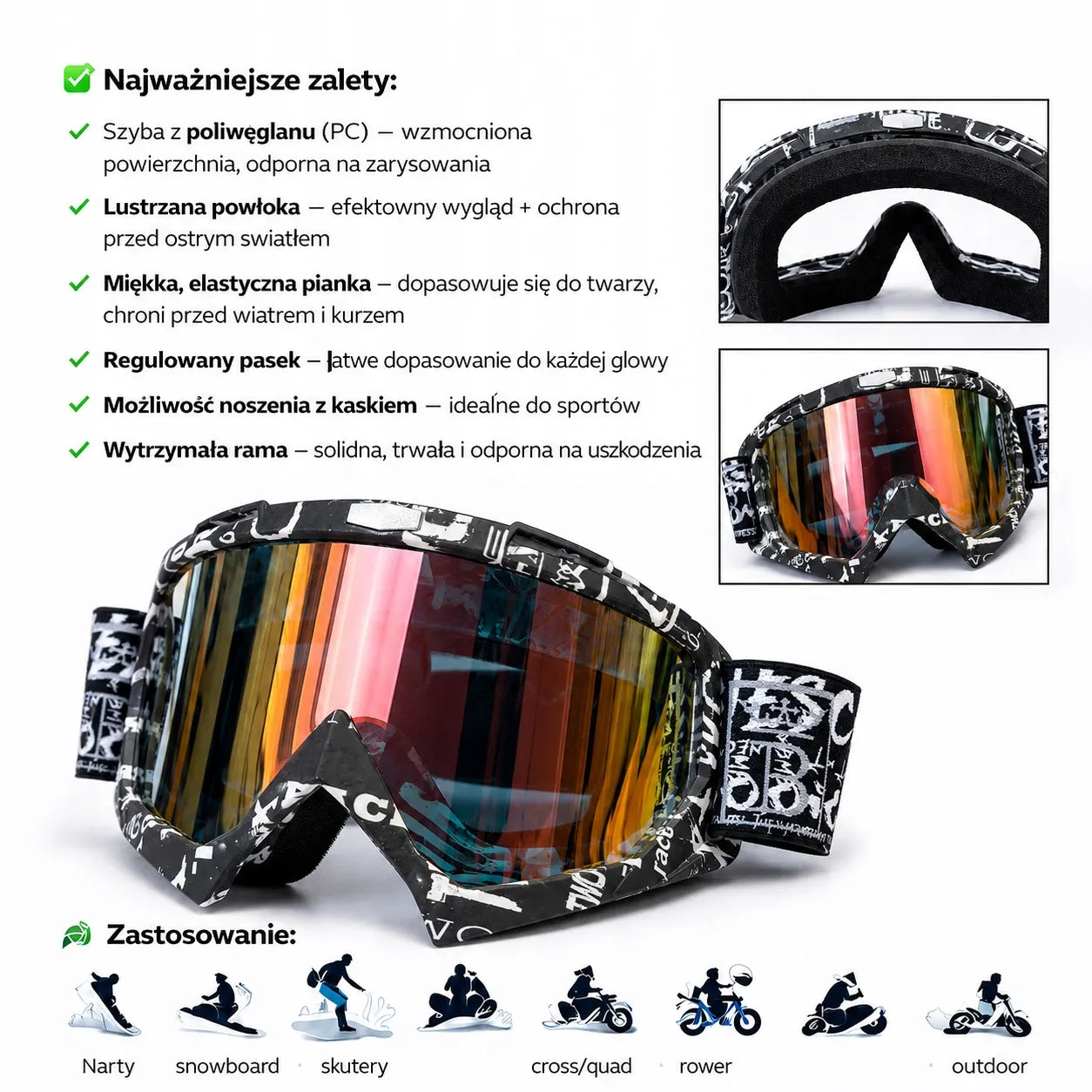 Vyriški ir moteriški goggle akiniai motoroleriui, keturračiui, paspirtukui, slidinėjimui ir snieglenčių sportui UV400
