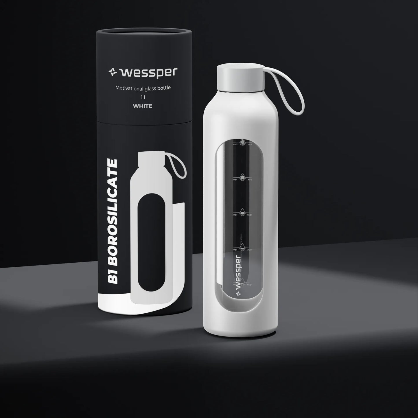 Wessper B1 motyvacinis stiklinis butelis 1000 ml sporto salei ir biurui 1L