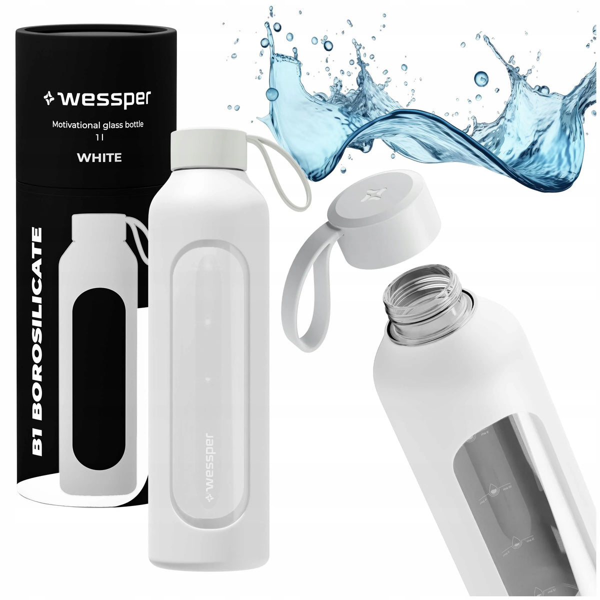 Wessper B1 motyvacinis stiklinis butelis 1000 ml sporto salei ir biurui 1L