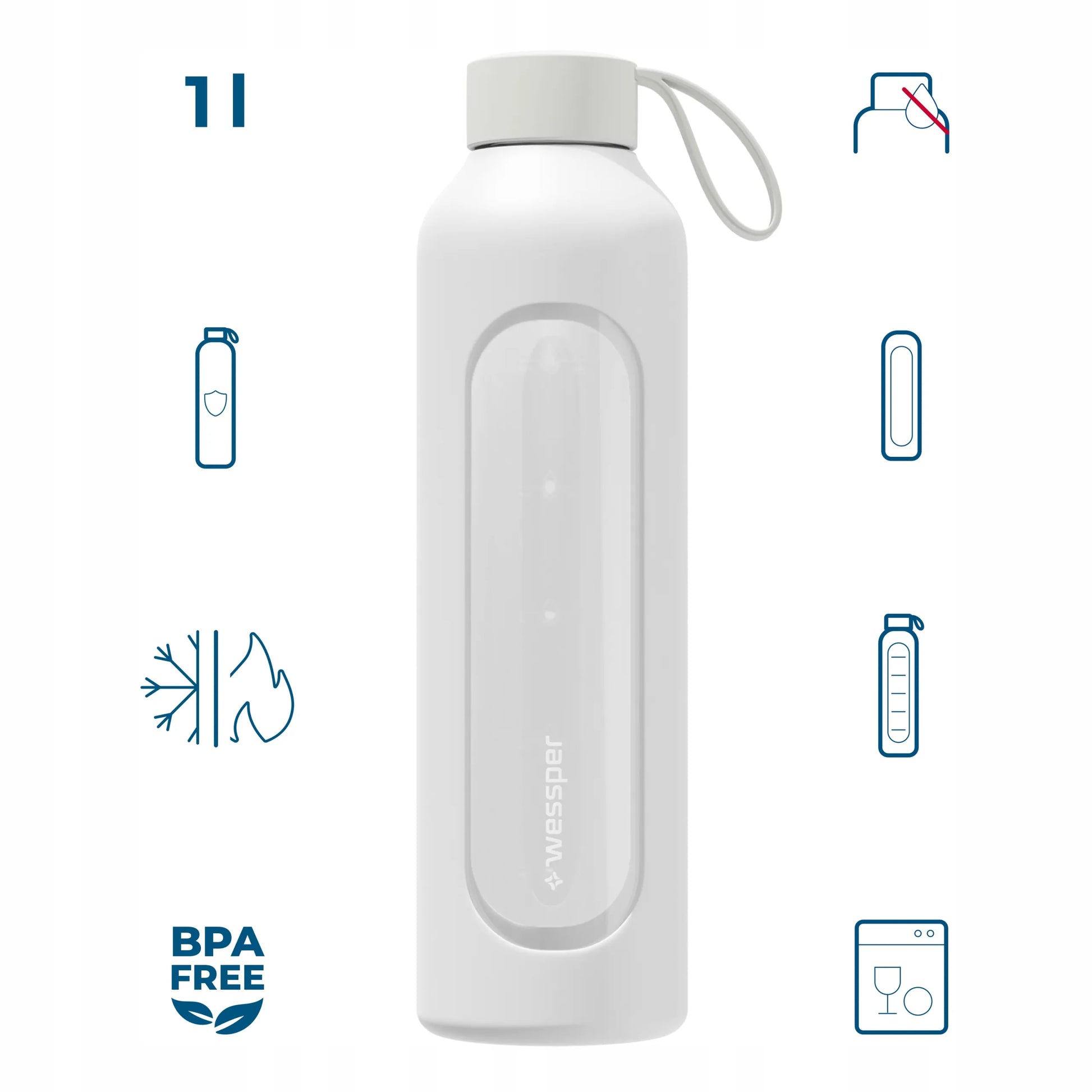 Wessper B1 motyvacinis stiklinis butelis 1000 ml sporto salei ir biurui 1L