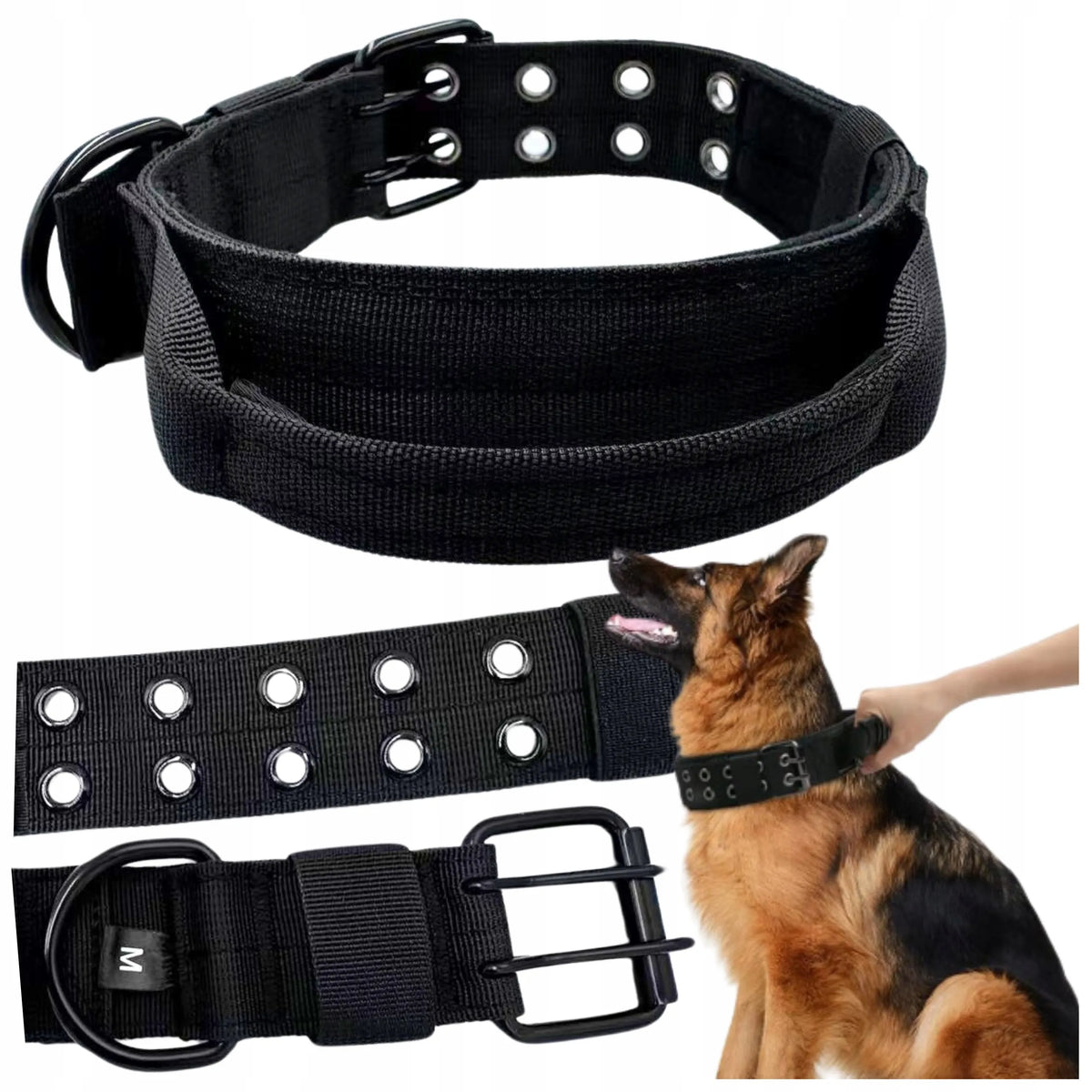 Wobell juodas reguliuojamas šuns antkaklis su rankena, platus ir tvirtas, XL, 54–64 cm