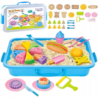 Woopie kinetinis smėlis, 6 spalvos, 1,2 kg, restorano rinkinys su staliuku ir formelėmis