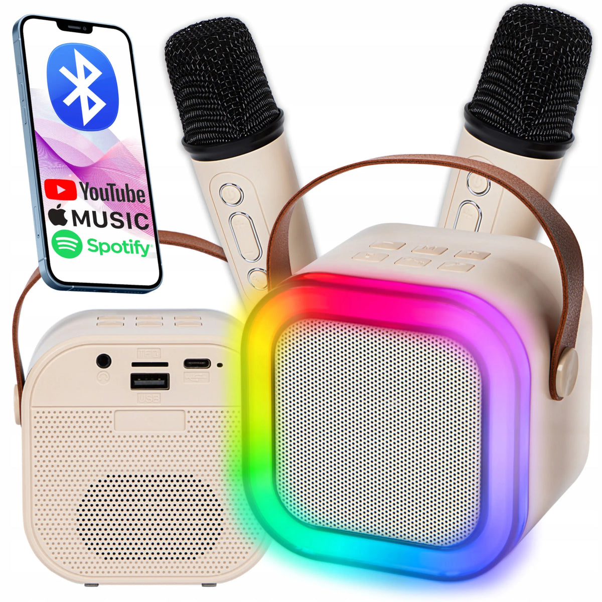 „Xtech“ nešiojamasis „Bluetooth“ RGB karaokės rinkinys su 2 mikrofonais, USB, SD ir 3,5 mm jungtimi