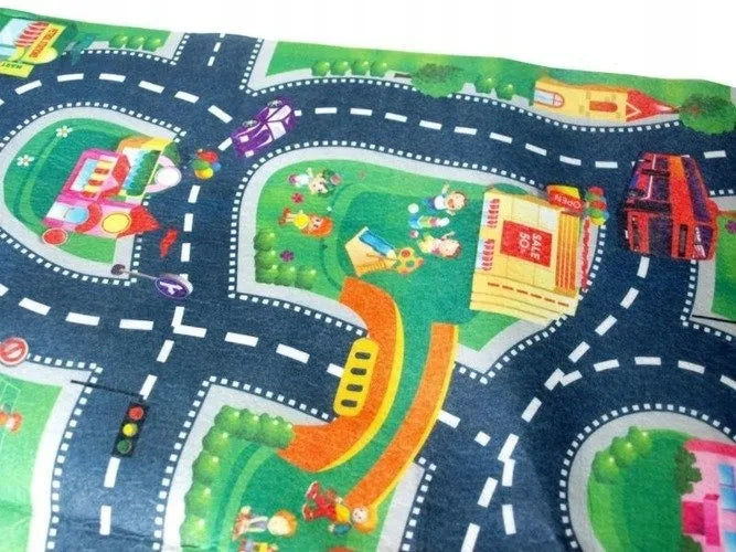Ypač didelis miesto gatvių kilimėlis 80x70 cm + 6 lenktyniniai automobiliukai – žaismingas kilimėlis vaiko kambariui