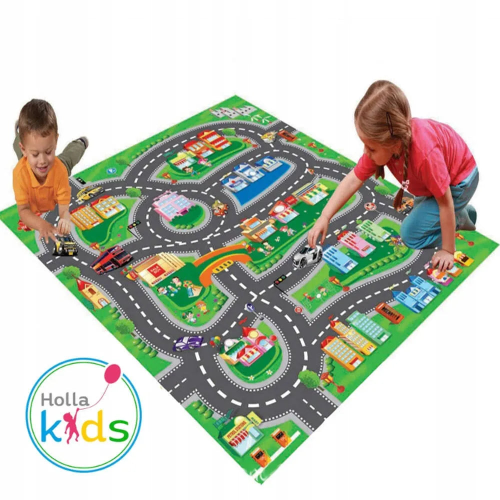 Ypač didelis miesto gatvių kilimėlis 80x70 cm + 6 lenktyniniai automobiliukai – žaismingas kilimėlis vaiko kambariui