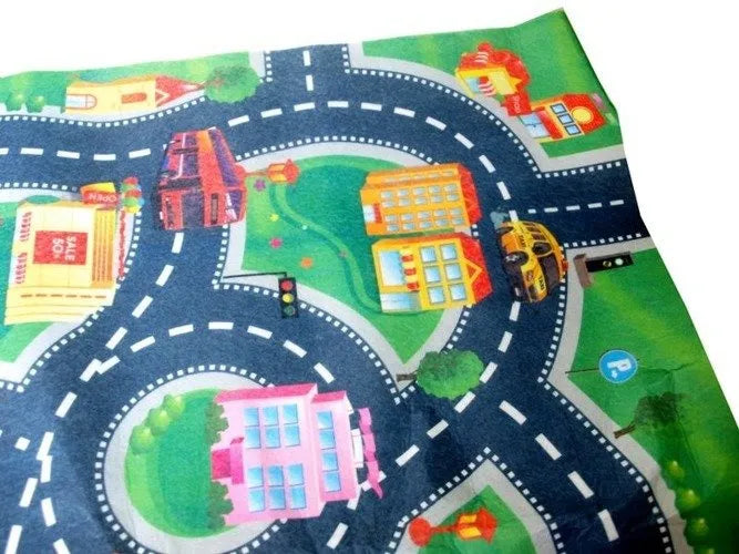 Ypač didelis miesto gatvių kilimėlis 80x70 cm + 6 lenktyniniai automobiliukai – žaismingas kilimėlis vaiko kambariui