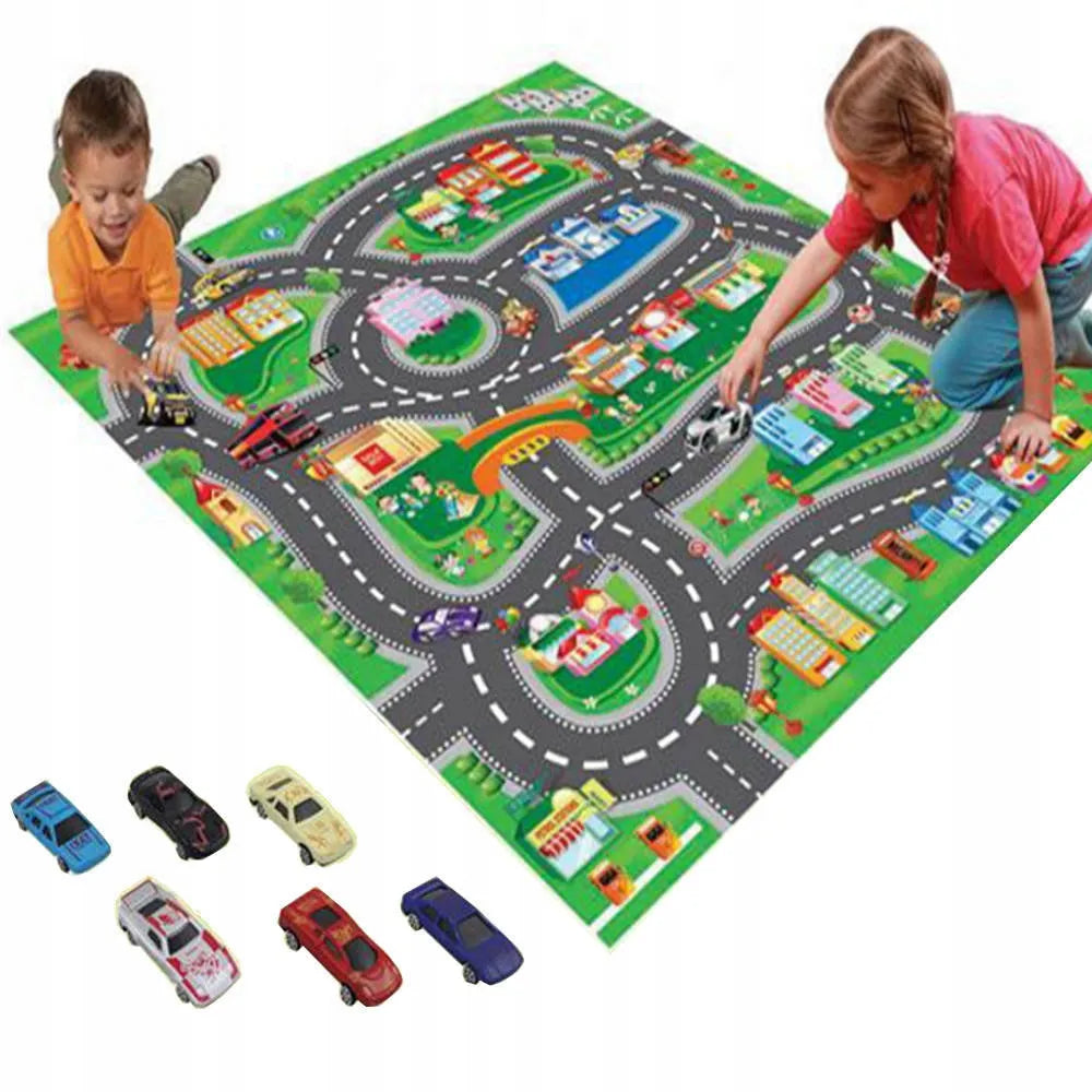 Ypač didelis miesto gatvių kilimėlis 80x70 cm + 6 lenktyniniai automobiliukai – žaismingas kilimėlis vaiko kambariui