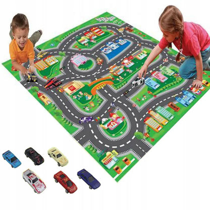 Ypač didelis miesto gatvių kilimėlis 80x70 cm + 6 lenktyniniai automobiliukai – žaismingas kilimėlis vaiko kambariui