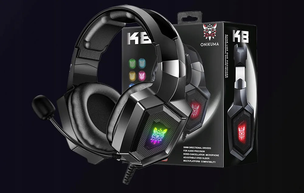 Žaidimų ausinės su mikrofonu RGB LED apšvietimu patogios