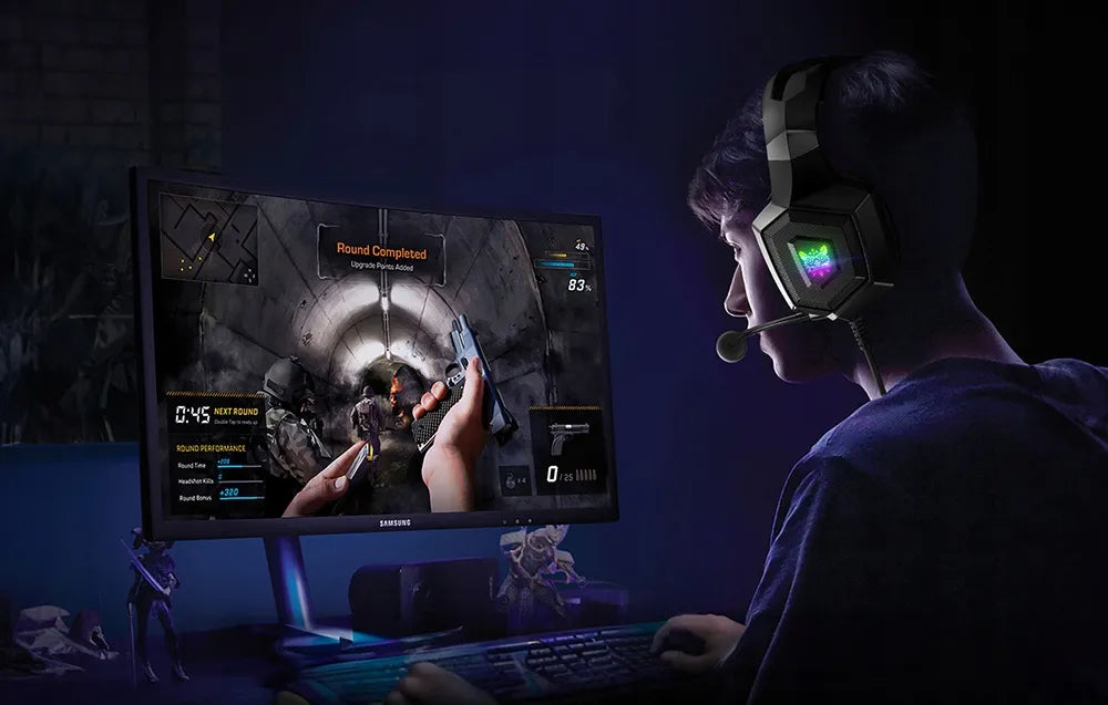 Žaidimų ausinės su mikrofonu RGB LED apšvietimu patogios
