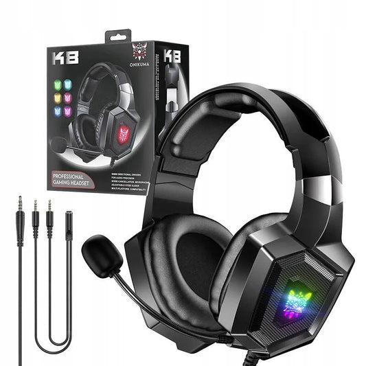 Žaidimų ausinės su mikrofonu RGB LED apšvietimu patogios