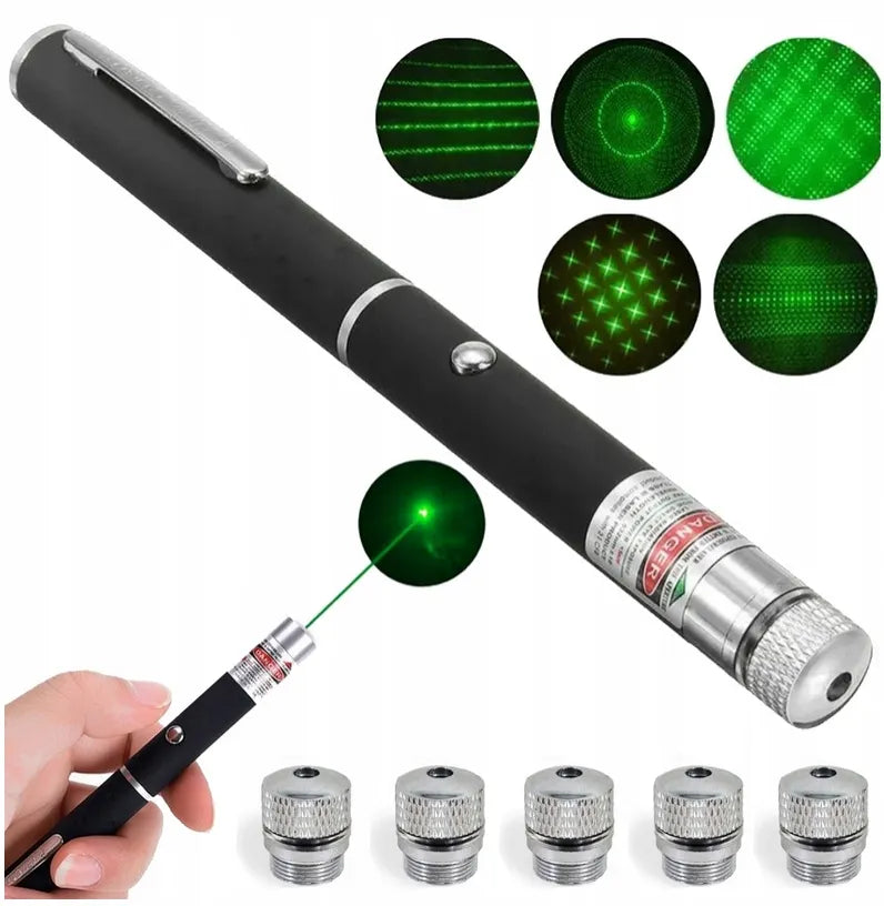 Žalias lazerinis rodyklėlis su stipriu spinduliu, baterijomis ir 5 „Disco“ galvutėmis
