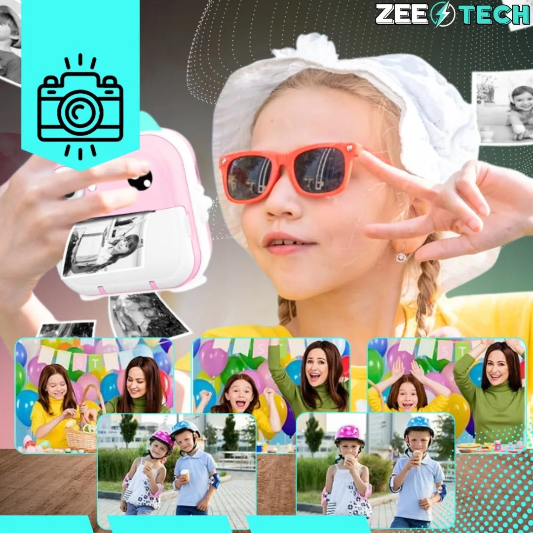 „ZeeTech Drukuś“ rožinis momentinis fotoaparatas vaikams ir mini spausdintuvas, 11 ritinėlių, lipdukai