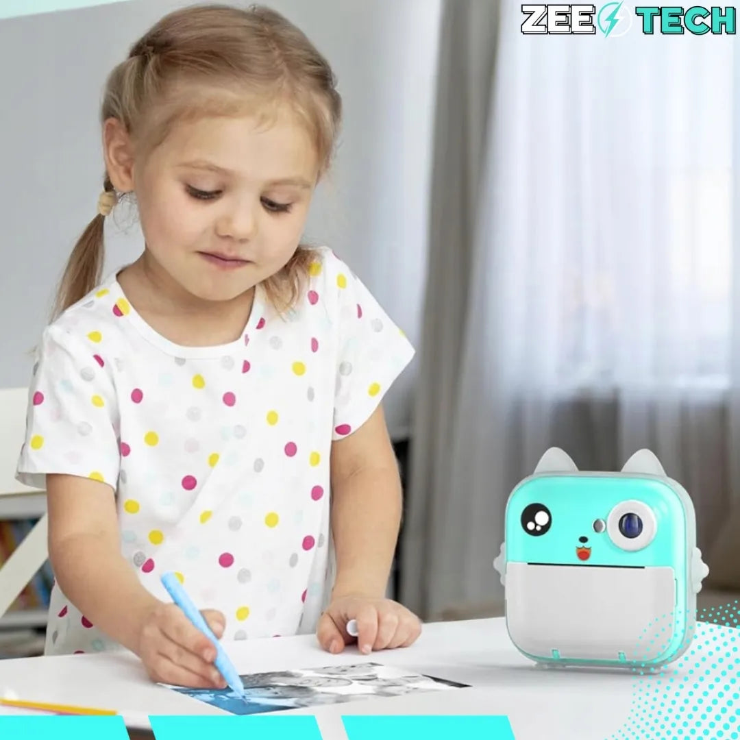„ZeeTech Drukuś“ rožinis momentinis fotoaparatas vaikams ir mini spausdintuvas, 11 ritinėlių, lipdukai