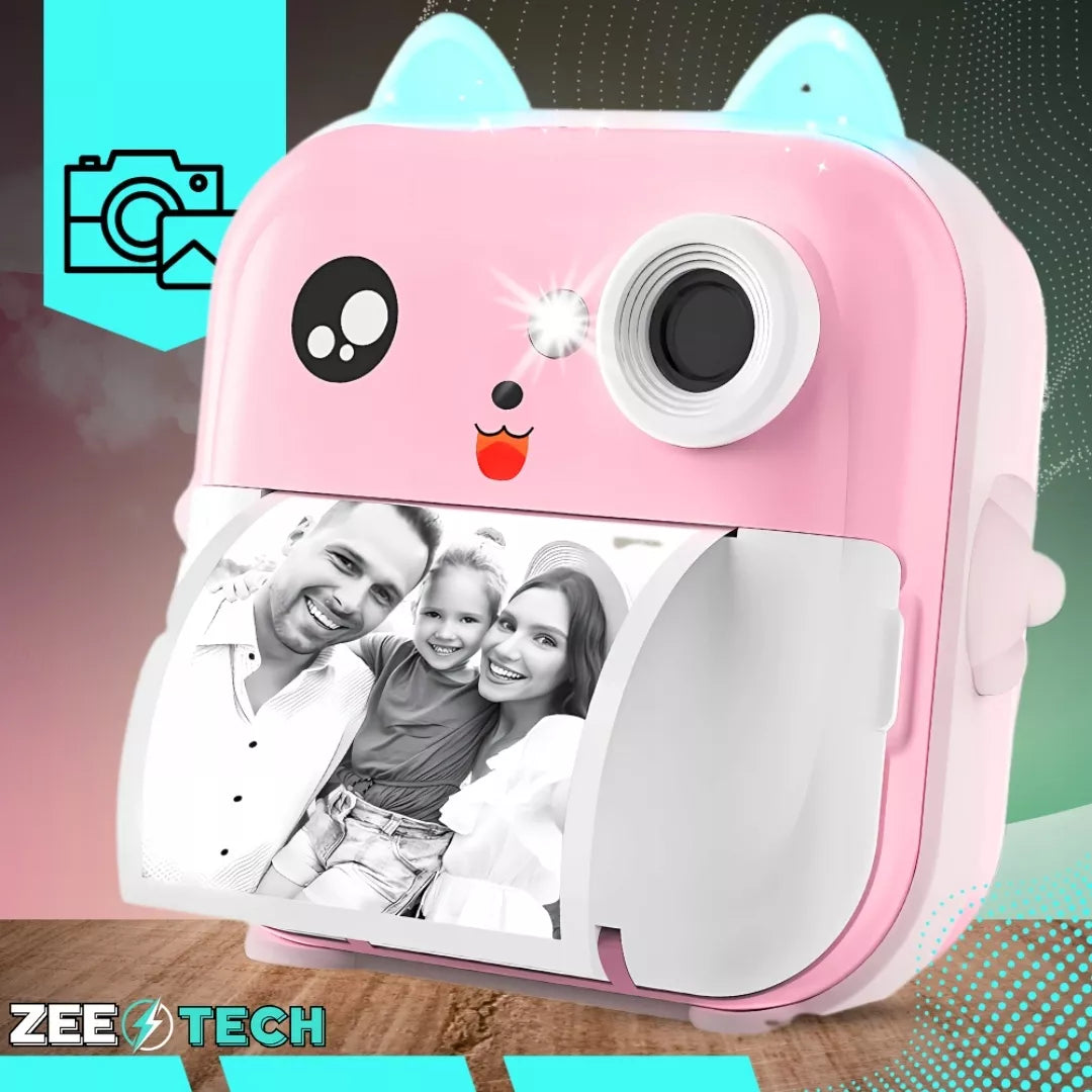 „ZeeTech Drukuś“ rožinis momentinis fotoaparatas vaikams ir mini spausdintuvas, 11 ritinėlių, lipdukai