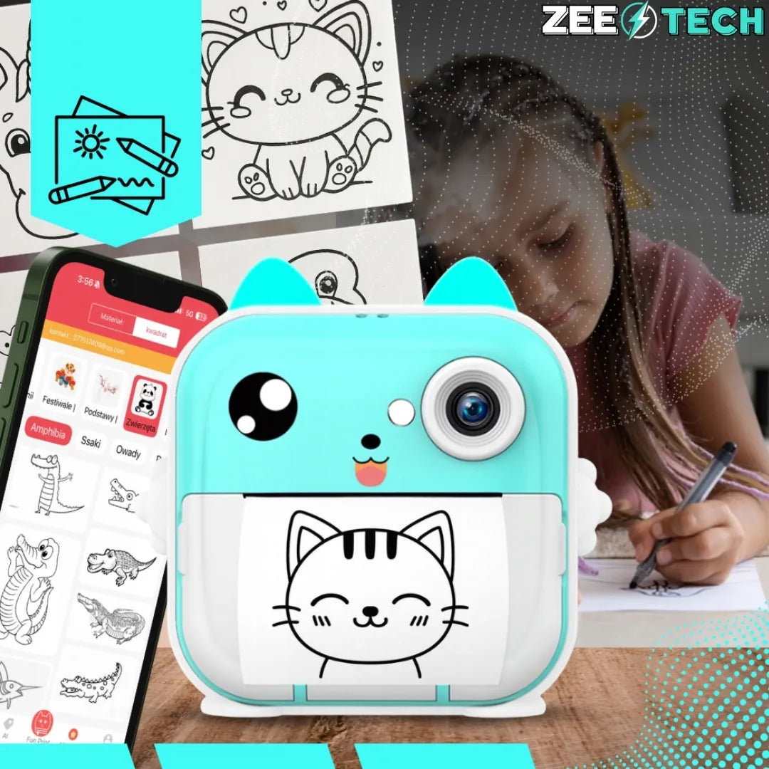 „ZeeTech Drukuś“ rožinis momentinis fotoaparatas vaikams ir mini spausdintuvas, 11 ritinėlių, lipdukai