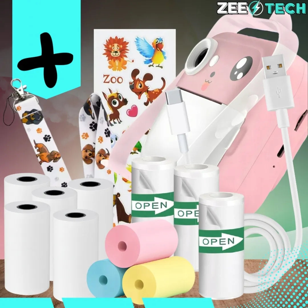 „ZeeTech Drukuś“ rožinis momentinis fotoaparatas vaikams ir mini spausdintuvas, 11 ritinėlių, lipdukai