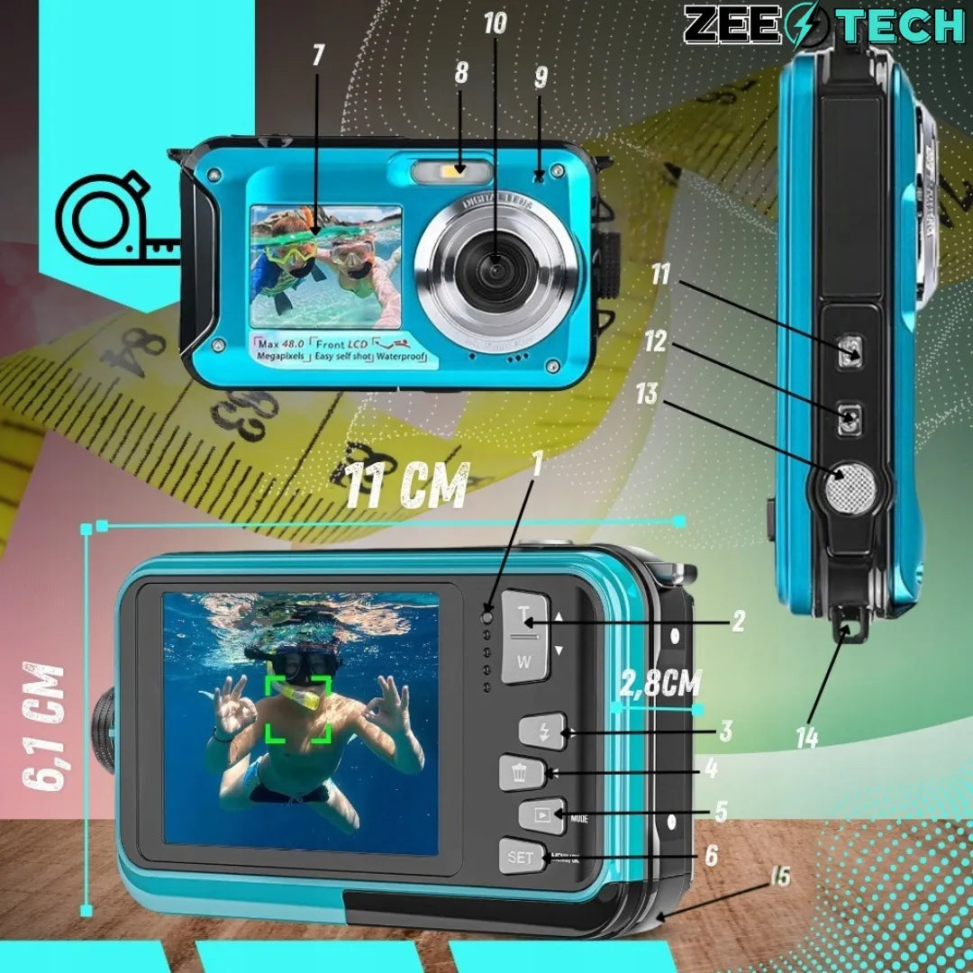 „ZeeTech“ vandeniui atsparus skaitmeninis fotoaparatas vaikams, 48 MP, 16 kartų skaitmeninis priartinimas