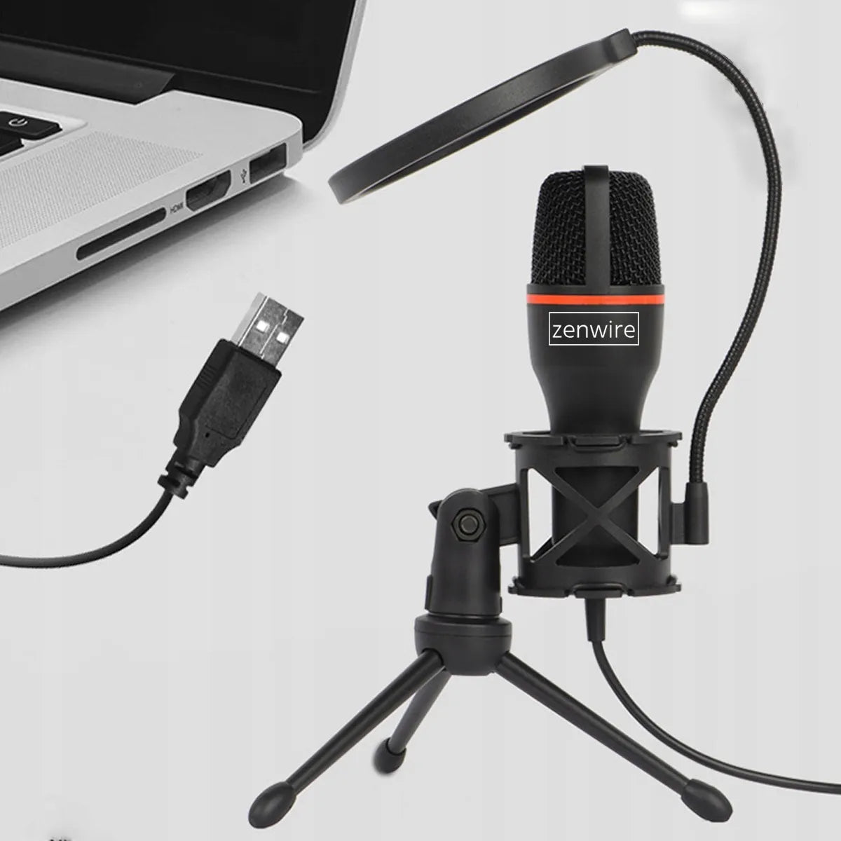 „Zenwire ME4“ kondensatorinis USB-C mikrofonas kompiuteriui ir nešiojamajam kompiuteriui, su stovu ir RGB apšvietimu