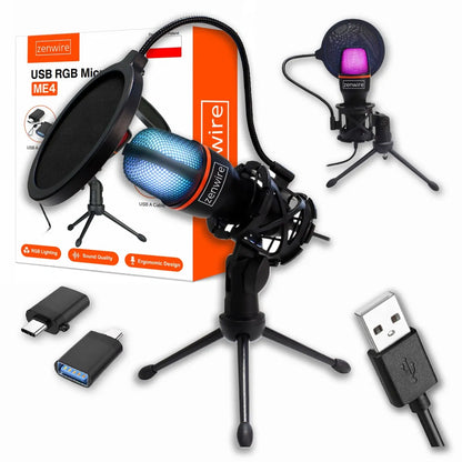 „Zenwire ME4“ kondensatorinis USB-C mikrofonas kompiuteriui ir nešiojamajam kompiuteriui, su stovu ir RGB apšvietimu