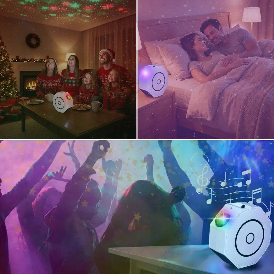 Žvaigždžių projektorius naktinė lemputė LED kosmosas Bluetooth garsiakalbis + pultelis