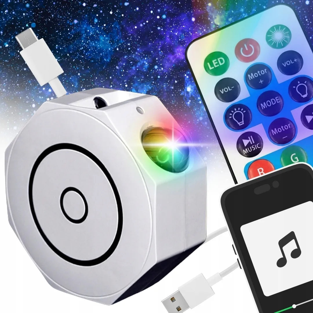 Žvaigždžių projektorius naktinė lemputė LED kosmosas Bluetooth garsiakalbis + pultelis