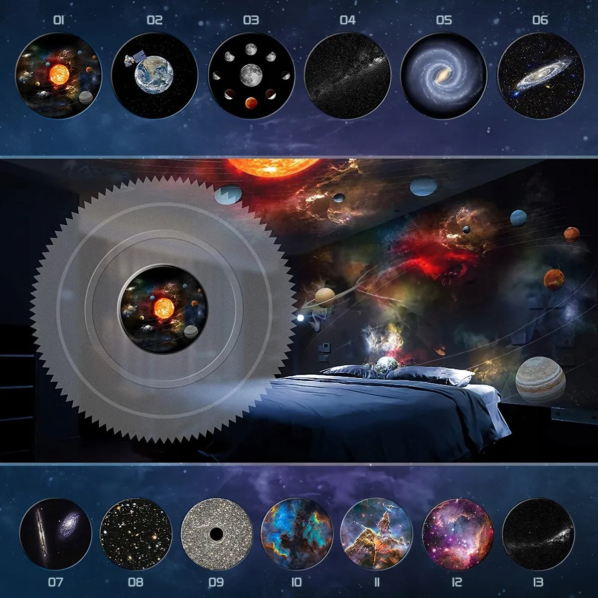 Žvaigždžių projektorius – naktinė lemputė su 13 keičiamų planetų diskų, USB