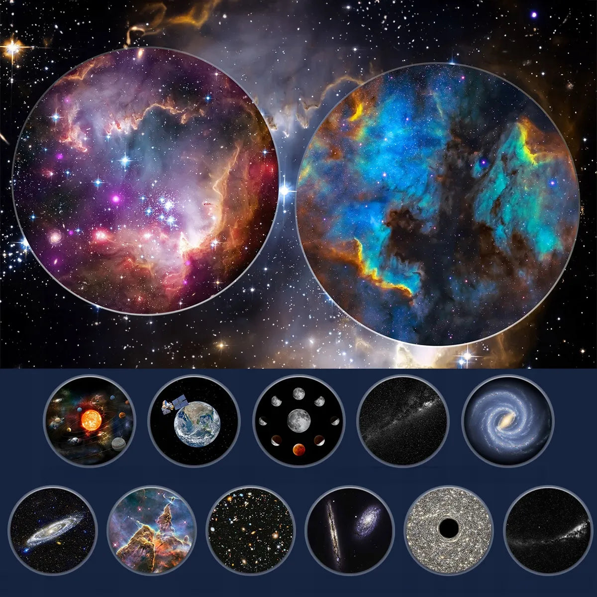Žvaigždžių projektorius – naktinė lemputė su 13 keičiamų planetų diskų, USB